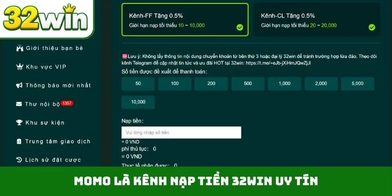 Nạp Tiền 32WIN – Dẫn Quy Trình Chi Tiết Qua 4 Phương Thức Momo là kênh nạp tiền 32WIN uy tín