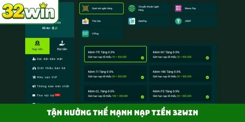 Nạp Tiền 32WIN – Dẫn Quy Trình Chi Tiết Qua 4 Phương Thức Tận hưởng thế mạnh nạp tiền 32WIN